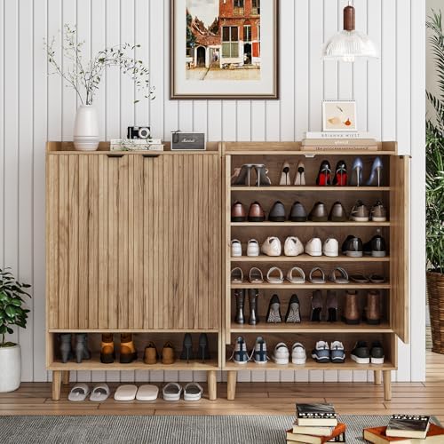 Smuxee Oak Shoe Cabinet with Fluted Doors, 6-Tier Shoe Storage Cabinet with Adjustable Shelves, Freestanding Shoe Organizer Cabinet for Entryway, Hallway, Closet, Living Room - Image 3