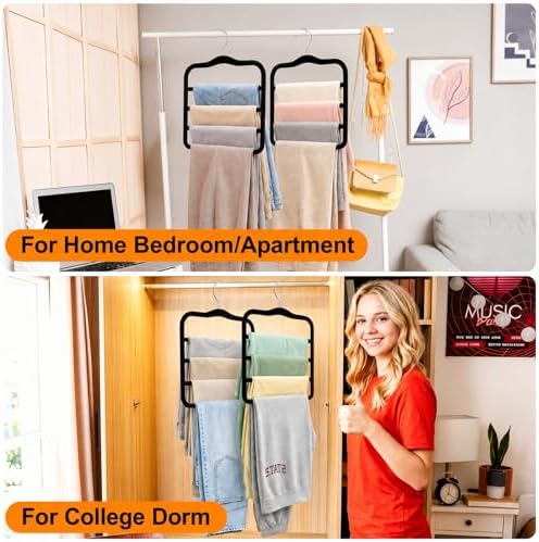4 Tier Velvet Pant Hangers, 2 Pack Non Slip Multi Layer Closet Organizers | Space Saving Black Storage Hangers For Jeans, Leggings, Scarves,Skirts, Ideal For Dorm Rooms, Apartments, RVs Or Small Closet - Image 6