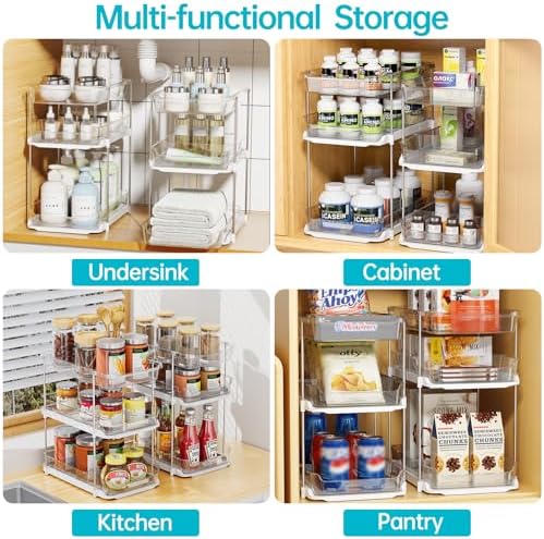 Delamu 2 Sets of 3-Tier Bathroom Under Sink Organizers and Storage, Multi-Purpose Stackable Pantry Organization and Storage, Pull Out Clear Kitchen Bathroom Cabinet Organizer with Movable Dividers - Image 4