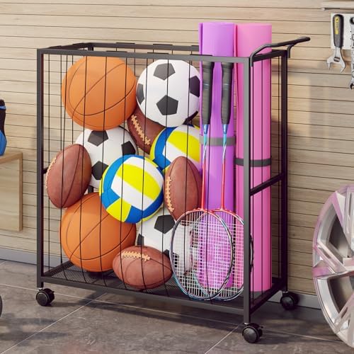 Homsorout Ball Storage Bin Rolling Sports Ball Cart, Black - Image 2