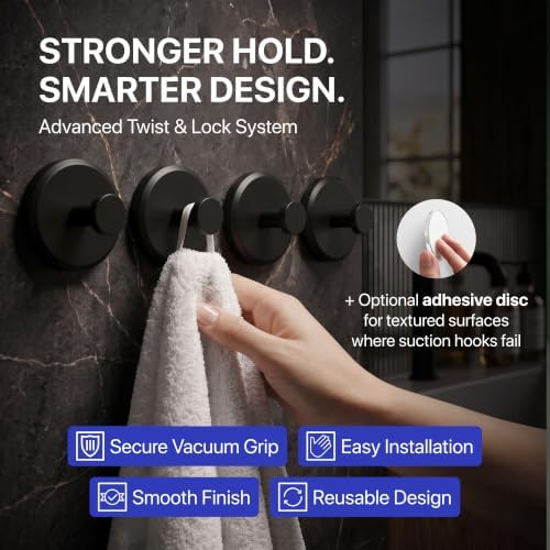 HOME SO Suction Cup Hooks for Shower & Bathroom Towel Holder 4-Pack Black - Image 2