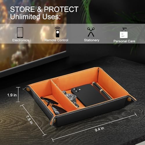SITHON Valet Tray Desktop Storage Organizer, Removable 2 Compartments Catchall Tray Bedside Vanity Nightstand Caddy Holder Desk Storage Plate, Orange - Image 3