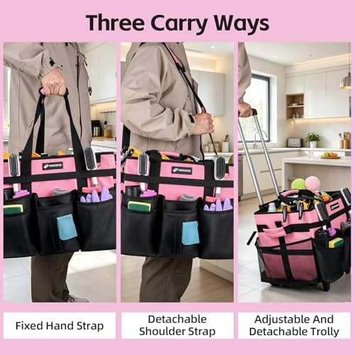 Large Rolling Cleaning Caddy Bag with Wheels, with Detachable Trolley, Cleaning Bags on Wheels for Housekeepers, Cleaning Cart Supplies Organizer for Home, Car, Picnic (Pink) - Image 7