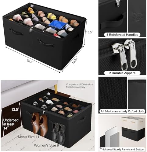 TOPIA HOME Shoe Organizer for Closet, Foldable Shoe Box with Adjustable Dividers and Clear Cover, Space Saving Shoe Storage Organizer Cabinet with Reinforced Handles, Fits 20 Pairs, Black, TP10B - Image 3