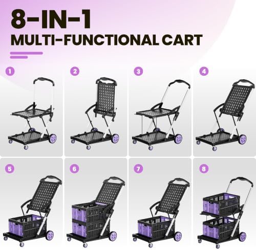 8-in-1 200LBS Collapsible Shopping Cart, Multi Functional Utility Cart with 2 Storage Baskets,Adjustable Handle Grocery Cart on Wheels for Shopping, Warehouse, Home, Supermarket - Purple - Image 3