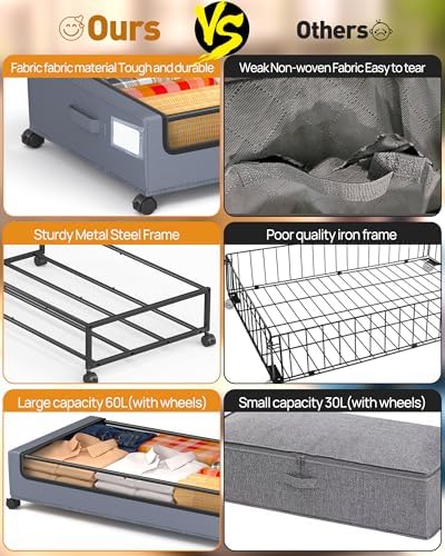 Under Bed Storage with Wheels, Square Under Bed Storage Containers, 4 Pack Under The Bed Storage Bins, Under Organizer with Clear Lids-60L Rolling Underbed Storage For Clothes, Shoes... - Image 6