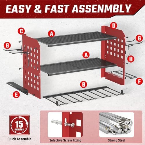 SUNALLY Power Tool Organizer, Wall Mount Garage Tools Storage Rack, Red - Image 4