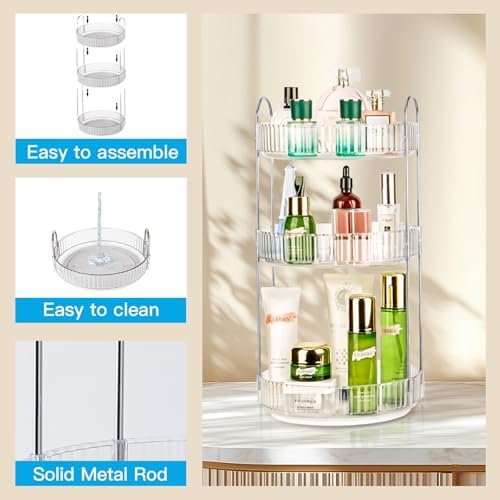 360 Rotating Makeup Organizer, 3 Tier Large Capacity Lazy Susan Bathroom Counter Organizer, Skincare Organizers, Spinning Perfume Organizer & Vanity Organizer Countertop (Silver Clear, 3 Tier) - Image 4