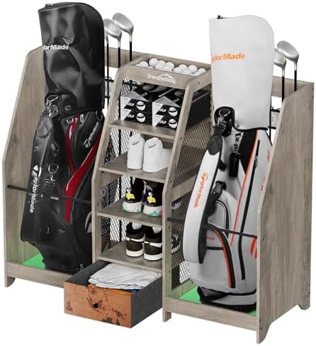 Golf Bag Storage Organizer Holds 2 Golf Bags for Garage - Wooden Rack by Ponsonbay