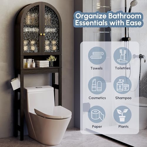 HMstone Over The Toilet Storage Cabinet, Arched Bathroom Organizer and Storage with Acrylic Doors and Adjustable Shelf, Space Saver Freestanding Bathroom Modern Storage Cabinet Over Toilet Dark Brown - Image 5