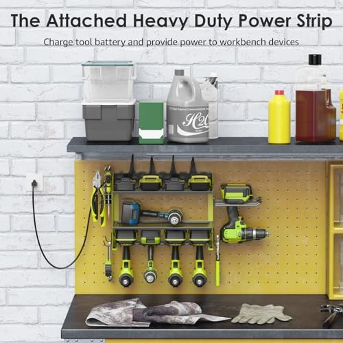 CCCEI Modular Power Tool Organizer Wall Mount Charging Station, Green 6 Drills Holder with 8 Plug Power Strip 6FT, Garage Drill Battery Heavy Duty Metal Shelf, Utility Rack with Hooks, Side Storage. - Image 3