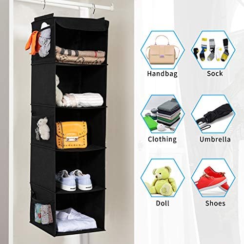 BrilliantJo 2 Pack Hanging Closet Organizer, 5 Shelves Hanging Storage with 6 Side Pockets for Clothes Shoes, 43"x12"x12"(Black) - Image 6