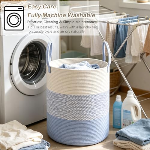 70L Woven Laundry Basket, Large Clothes Hamper with Handles- Blue - Image 6