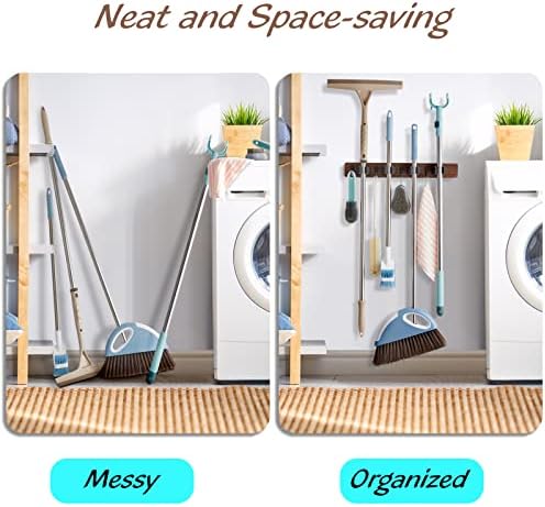 OUTNILI Mop and Broom Holder Wall Mount - Wood Broom Mop Hanger - Wall Mounted Garden Tool Rack Organizer for Closet Garage Laundry Room, Rustic Kitchen Decor With 4 Slots & 4 Hooks - Image 3