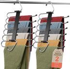 Black Space Saving Pants Hangers 2 Pack, 6 Layer Jeans Hangers and Closet Organizer for Jeans, Scarves, Skirts, Multi-Layer Hanger with Anti-Slip Coating & Stopper, Heavy-Duty S-Type Stainless Steel by Campior