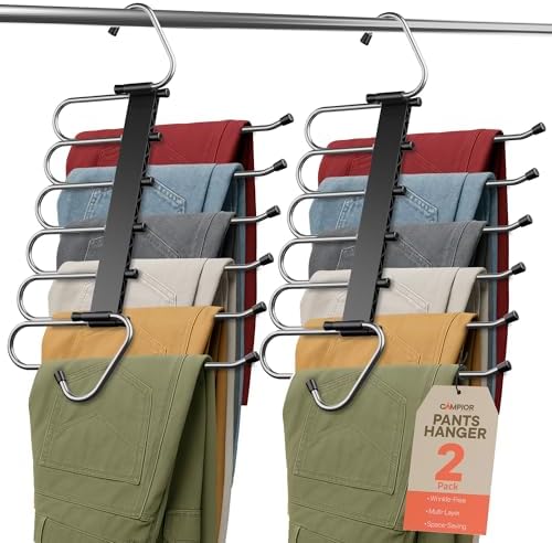 Black Space Saving Pants Hangers 2 Pack, 6 Layer Jeans Hangers and Closet Organizer for Jeans, Scarves, Skirts, Multi-Layer Hanger with Anti-Slip Coating & Stopper, Heavy-Duty S-Type Stainless Steel by Campior