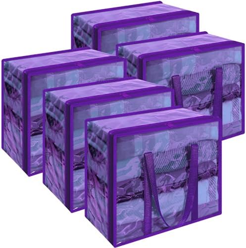 Vieshful Purple 40L Clear Clothes Storage Bag Colorful Clothes Organizer with Zipper Vinyl Storage Bag for Comforter, Blanket, Bedding, Duvet, Transparent Moving Totes 5 Pack by Vieshful