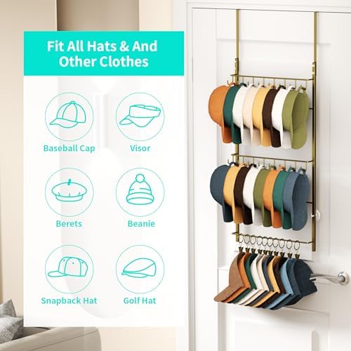 HapiRm Over Door Hat Rack - 3 Tier Wall Mounted Hat Organizer with 16 Hooks and 10 Movable Clips, Baseball Cap Organizer Storage Holds up to 26 Caps for Door, Bedroom, Closet USPTO Patent Pending - Image 2