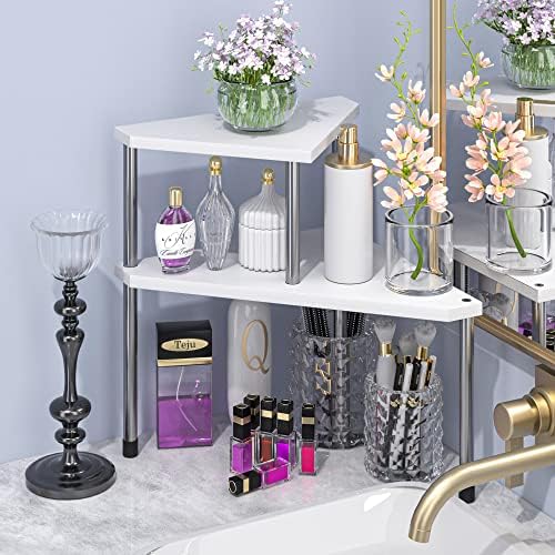 Weenson Bathroom Counter Organizer Over Sink for Toiletries Makeup, Kitchen Countertop Organizer Spice Rack for Salt, 2-Tier Corner Counter Shelf for Coffee Area Storage Dresser Table Bamboo - Image 3