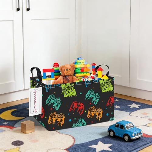 Rectangular Collapsible Laundry Basket with Side Handles, Black Game - Image 5