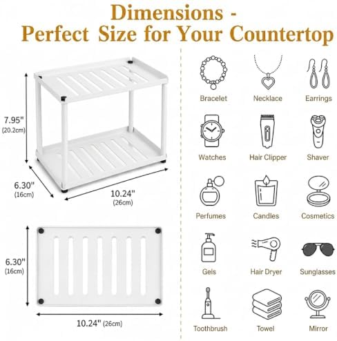 2 Tier Bathroom Counter Organizer, Rectangular Vanity Organizer Shelf, Skincare and Makeup Countertop Storage Rack for Kitchen, Bathroom, Bedroom,White - Image 3
