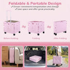 Goplus Foldable Utility Cart, Portable Rolling Crate Handcart with 4 Rotate Wheels, Telescoping Handle, Lid & Cup Holder for Travel, Shopping, Luggage, Grocery, Office & Teacher (Pink) - Image 3