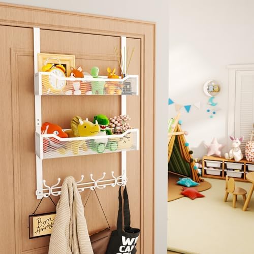 SWTYMIKI Over The Door Hook with 16 Hooks & 2 Mesh Baskets - Heavy Duty Over The Door Organizer Hanger for Towels, Coats, Clothes - Space Saving Hanging Rack for Bathroom, Living Room, White - Image 5
