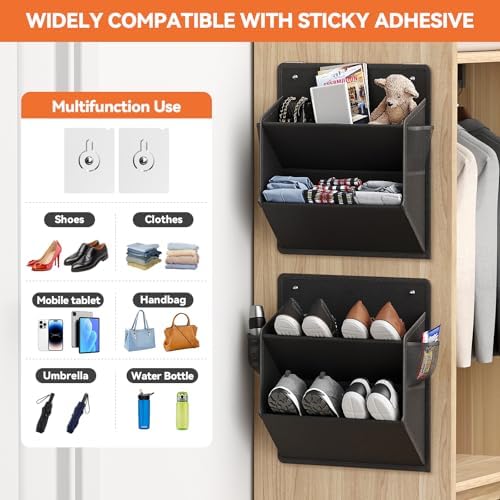 2 Pack RV Shoe Storage with Sticky Adhesive Tape, Over the Door Shoe Rack, Wall Hanging Shoe Organizer with Large Deep Pockets for Camper, Narrow Space Saving Closet Organizers Black - Image 4
