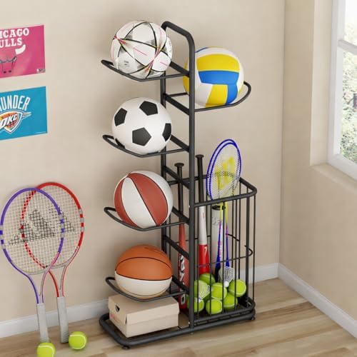 Multi-Function Sports Equipment Storage Racks - Adjustable and Durable Solutions for Organizing Balls, Toys, and Gear Indoors, in Garages, or Outdoors (5-tier-black-with Basket) - Image 3
