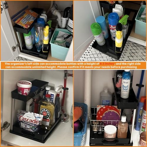 Yieach 2 Pack 10.8″ High Pull Out Under Sink Organizer,14.5″ Deep 2 Tier Slide Out Cabinet Organizer for Kitchen Cabinet,Undersink Organizers,Under Sink Shelves,Bathroom Organizers and Storage,Black - Image 5