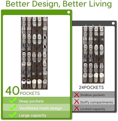 Over the Door Shoe Organizer with 40 Large Breathable Mesh Pockets, Space Saving Shoe Holder, Hanging Shoe Rack for Entryway Bedroom Closet Storage (Brown, 40 Pockets) - Image 5