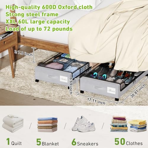 YAASHEEN Under Bed Storage with Wheels, 4-Pack Under the Bed Storage Containers with Clear Lids & Label, Underbed Storage Bins, XXL 60L Rolling Metal Drawer for Clothes, Shoes, Toys, Books - Gray - Image 4