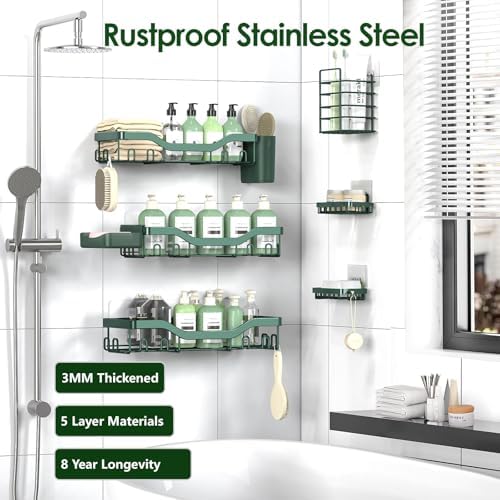 NESOMI Shower Caddy Adhesive Shower Organizer 8-Pack, Rustproof Stainless Steel Bathroom Shelves, Large Capacity No-Drill Rack Storage Accessories with Soap Dish Toothbrush Holder Hooks - Image 5