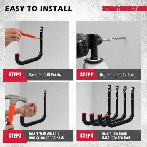 SEDY 6 Pack Heavy Duty Garage Hooks, Ladder Hooks for Garage Wall, Each Holds Up to 66 LB, 9.8 Inch EVA-Padded Steel Utility Hangers for Bikes, Folding Chairs, Garden Hoses and Tools - Image 6