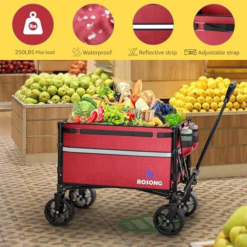 ROSONG Collapsible Wagon Cart with Wheels Foldable - Folding Utility Heavy Duty Wagons Carts for Grocery Sports Garden Shopping Camping Wheelbarrows, Burgundy - Image 3