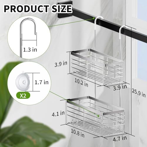 SHANSHUI Shower Hanging Caddy, Double Bathroom Showers Organizer Basket, Shampoo Bracket, Over Door Shower Rack with Hooks, 304 Stainless Steel Rustproof - Image 6