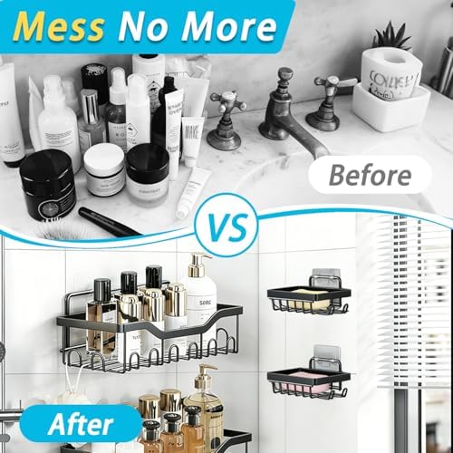 Fammart Adhesive Shower Caddy, 5-Pack Rustproof Stainless Steel Bathroom Organizer with 28 Hooks, No-Drill Large Capacity Shower Shelves for Bathroom Storage & Home Décor, Black - Image 7