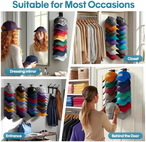 Hat Organizer for Baseball Caps, 2 Pack Hat Rack for Wall Closet Door Hold up to 16 Hats,Hat Holder with Adhesive and 8 Screws, Hat Hanger Cap Holder Hat Hangers for Wall Closet Door Bedroom(A-Black) - Image 4