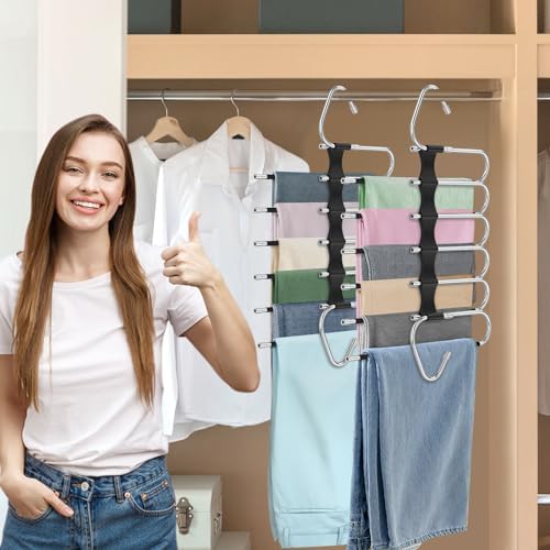 6 Layers Pants Hangers Space Saving Non-Slip Closet Organizer 2 Pack | Metal Space Saving Hangers Multi-Layer Multifunctional Rack Closet Organizers and Storage for Skirts Jeans Trousers(Black) - Image 2