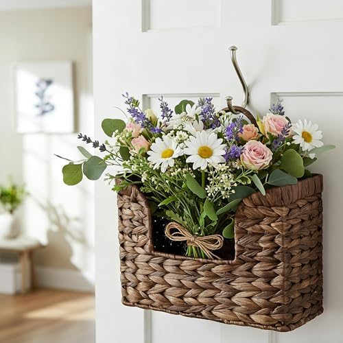 PINXIURY Magazine Holder Wall Basket Water Hyacinth Woven Mail Organizer, Wicker Wall Hanging Baskets for Magazines, Letters & Storage Decorative Mail Holder, Magazine Rack, Hanging Basket, Coffee - Image 5