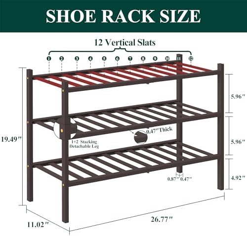 Smiry Bamboo Shoe Rack, 12 Vertical Slats, 3 Tier - 26.8" Wide, Brown - Image 2