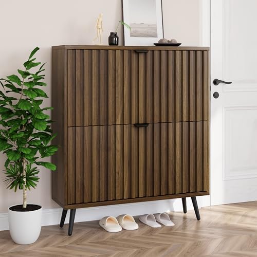 Smuxee Shoe Cabinet with 2 Flip Drawers, 31.5" Walnut Hidden Shoe Storage Cabinet with Fluted Design, Freestanding Shoe Organizer Cabinet for Entryway, Hallway, Closet, Living Room by Smuxee