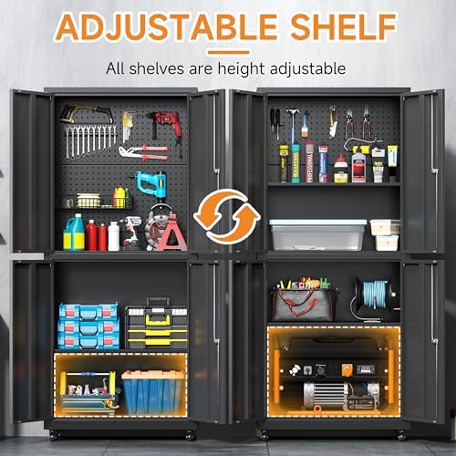 71" H Metal Tool Storage Cabinet with Lock and Wheels, Heavy Duty Garage Cabinet with 4 Doors and 2 Adjustable Shelves, Tool Organizer with Pegboard for Garage, Warehouse(Black, 71" H) - Image 6
