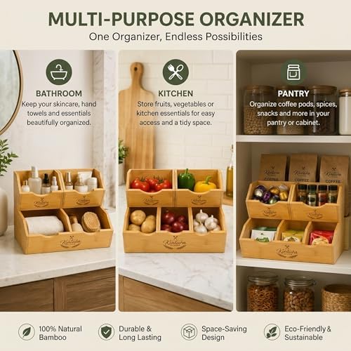 Stackable Bamboo Pantry Storage Bins, Potato Onion Storage Organizer, 3-Tier Fruit and Vegetable Basket with Easy Access Design, Countertop Pantry Organizer for Kitchen Storage and Organization - Image 5
