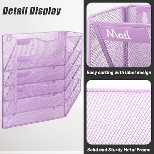 EASEPRES 5 Pocket Mesh Hanging Wall File Organizer, Wall Mounted Mail Paper Document Folder Holder, Clipboard Storage Organization Magazine Rack with Nametag Label for Office Home School, Light Purple - Image 4