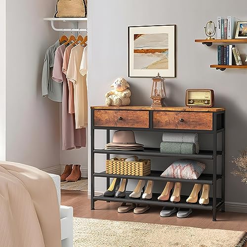 usikey Shoe Rack, 4 Tier Shoe Storage Organizer with 2 Drawers, Metal Shoe Shelf for 12-15 Pairs of Shoes, with 3 Oxford Fabric Shelves and Wooden Top, Shoe Stand for Entryway, Closet, Rustic Brown - Image 4
