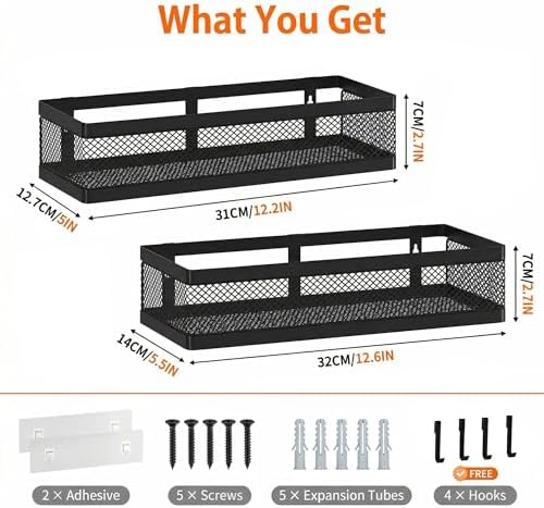 PUSDON Mesh Shower Caddy Wall Mount, Heavy Duty Adhesive Bathroom Shelf Organizer, Rustproof Floating Spice Rack for Kitchen Pantry, Holds 50 LBS, Multi-Purpose Storage Black-2 Packs (Netting) - Image 3
