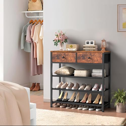 usikey Shoe Rack, 4 Tier Shoe Storage Organizer with 2 Drawers, Metal Shoe Shelf for 9-12 Pairs of Shoes, with 3 Oxford Fabric Shelves and Wooden Top, Shoe Stand for Entryway, Closet, Rustic Brown - Image 4
