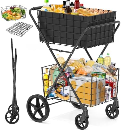 2-Tier Collapsible 400Lbs Heavy Duty Shopping Cart for Groceries by FOWORE