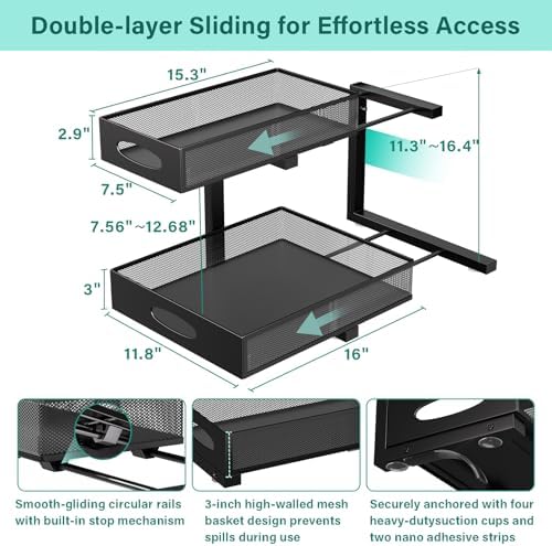 Under Sink Organizer, Extra-Wide Upgrade, 1-Pack of 2-Tier Metal Slide Out Cabinet Organizer, Height Adjustable Organization and Storage Series, Bathroom/Cabinet/Kitchen organization, Black - Image 2